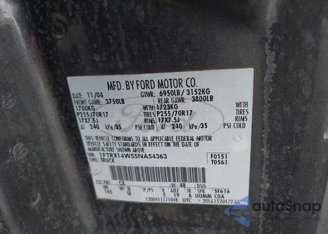 2005 Ford F-150 Stx/Xl/Xlt z USA, uszkodzony, nr VIN 1FTRX14W55NA54363